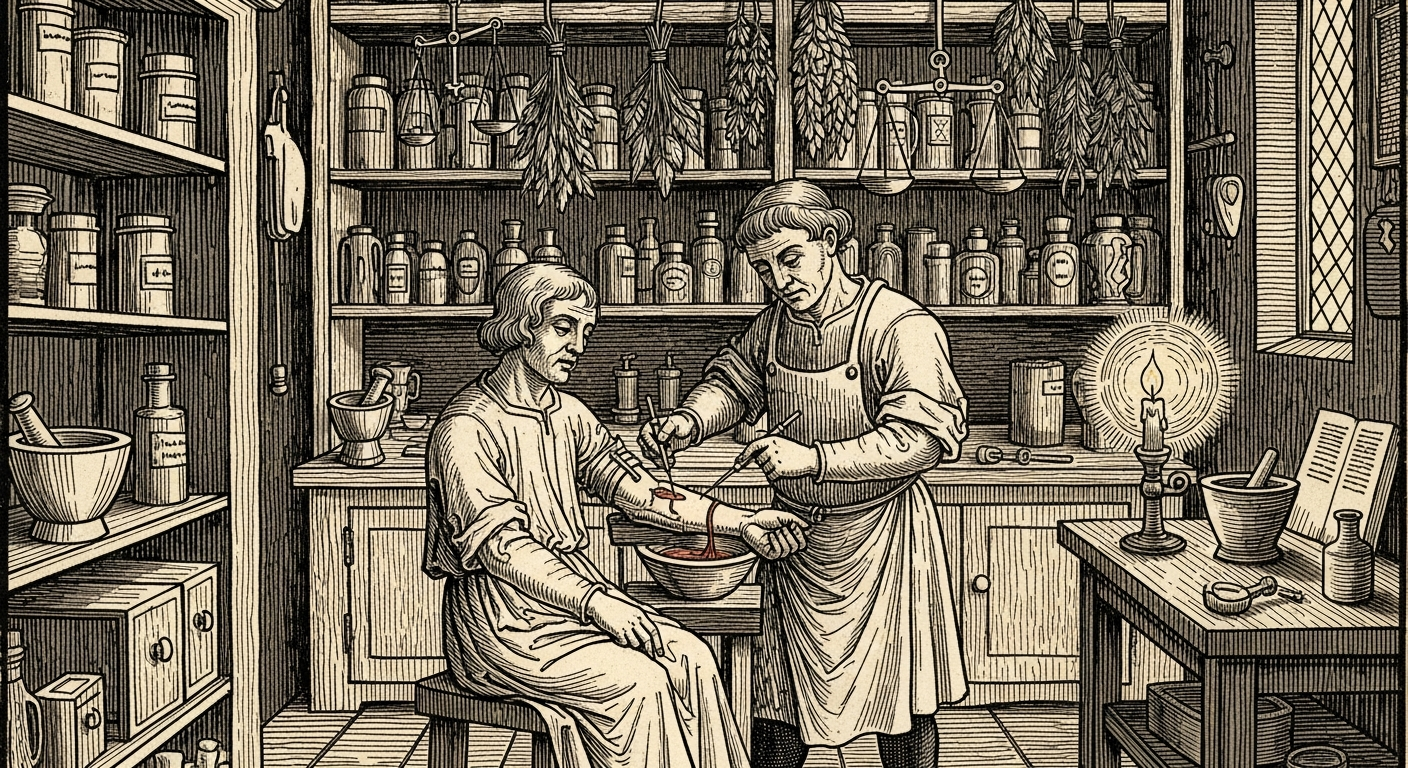 中世ヨーロッパの床屋外科医による瀉血の様子