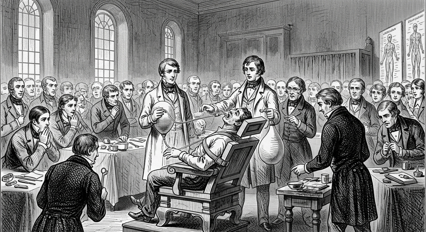 ホレス・ウェルズの失敗した笑気ガス麻酔の公開実験——患者が叫び観客が野次を飛ばす