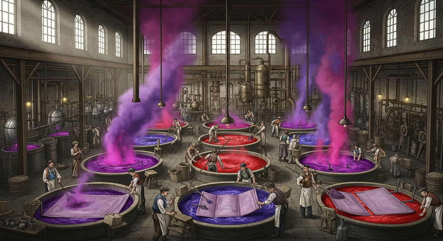 19世紀の染料工場、紫と赤のアニリン染料の染色槽で働く労働者たち