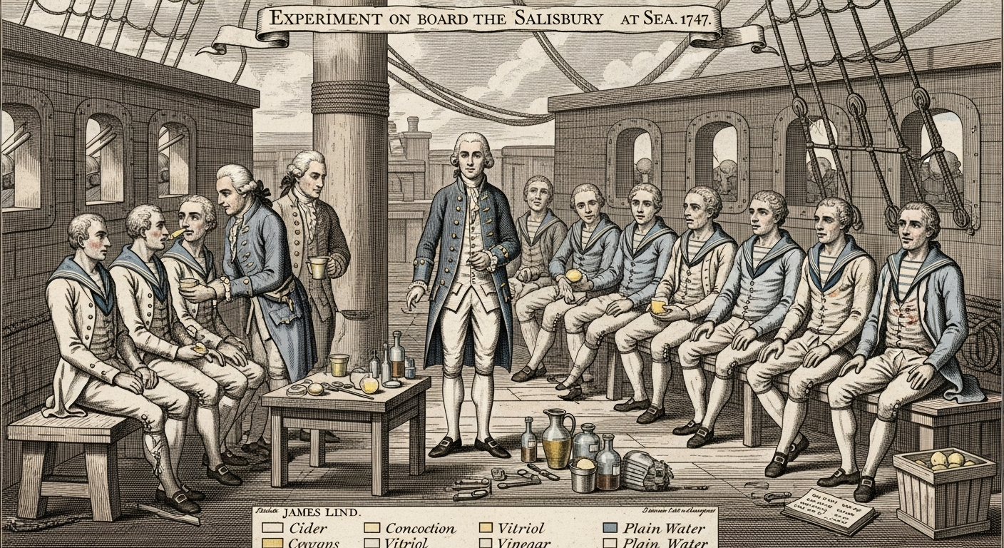 1747年HMSサリスバリー号でのジェームズ・リンドの壊血病臨床実験