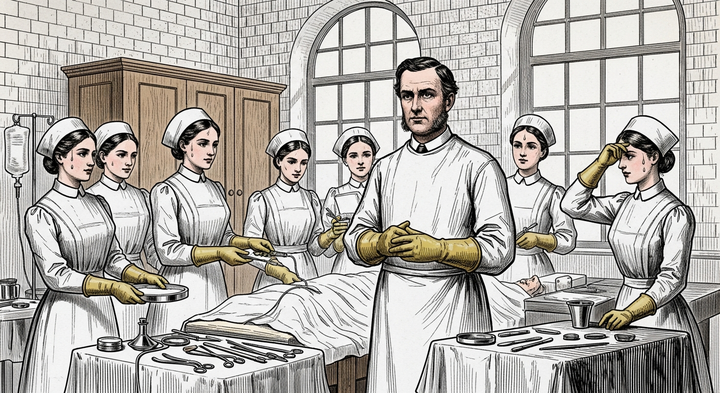 1890年代ジョンズ・ホプキンス病院でゴム製手術用手袋を着用するハルステッドと看護師たち