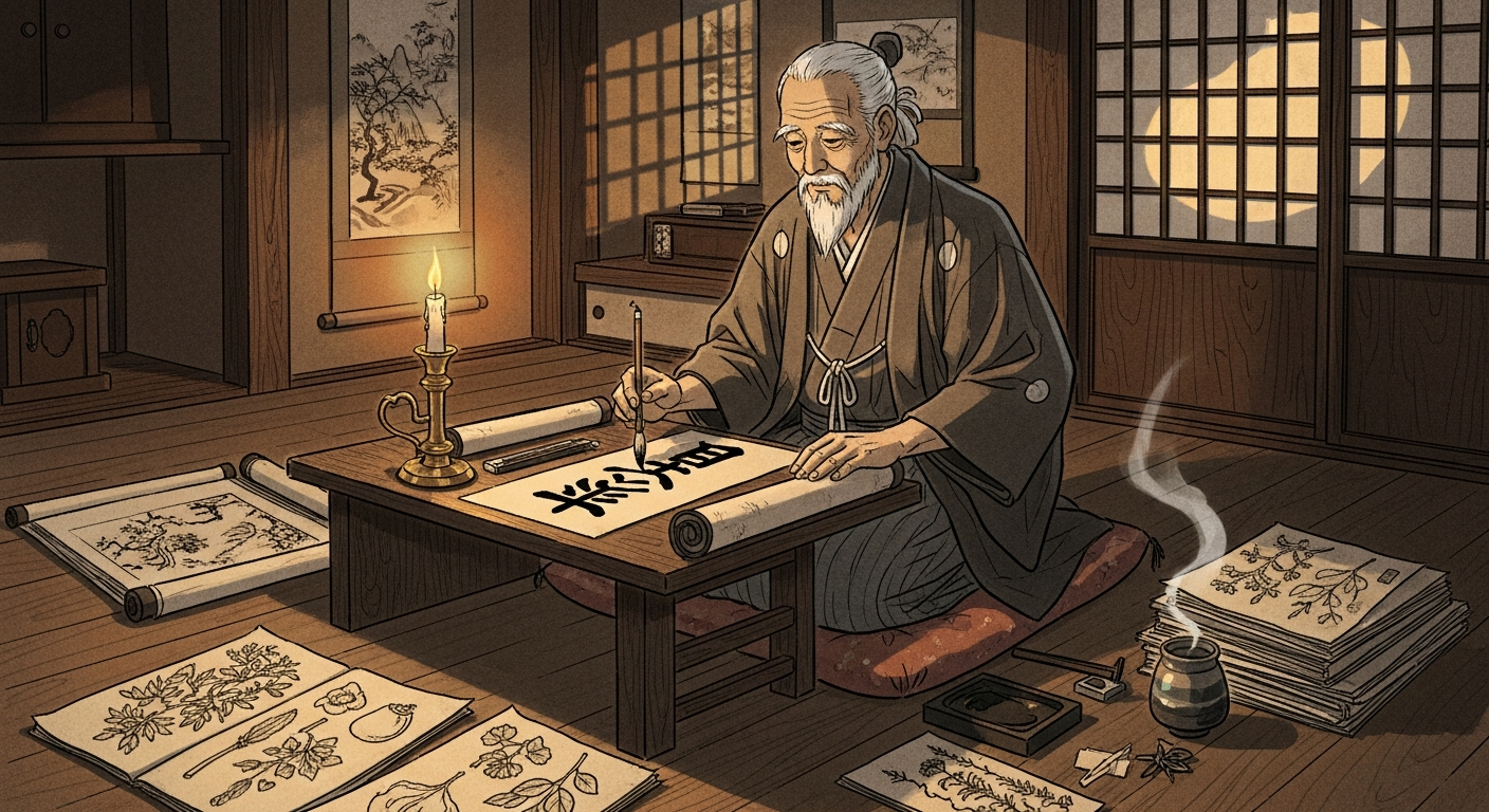 貝原益軒が養生訓を執筆する様子——江戸時代の書斎
