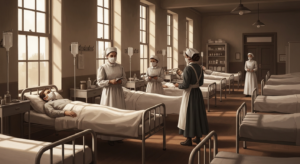 1918年インフルエンザの臨時病棟とマスク姿の看護師