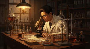 顕微鏡を覗く20世紀初頭の細菌学研究者（野口英世のイメージ）