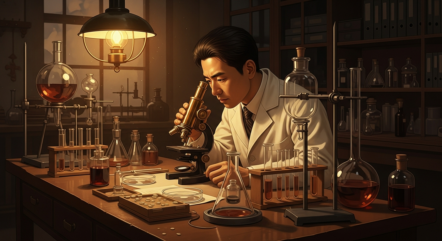 顕微鏡を覗く20世紀初頭の細菌学研究者（野口英世のイメージ）