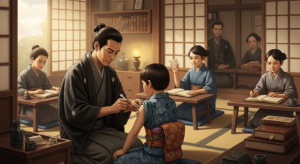 江戸時代の蘭方医が子どもに種痘を施す様子と蘭書を学ぶ塾生（緒方洪庵と適塾のイメージ）