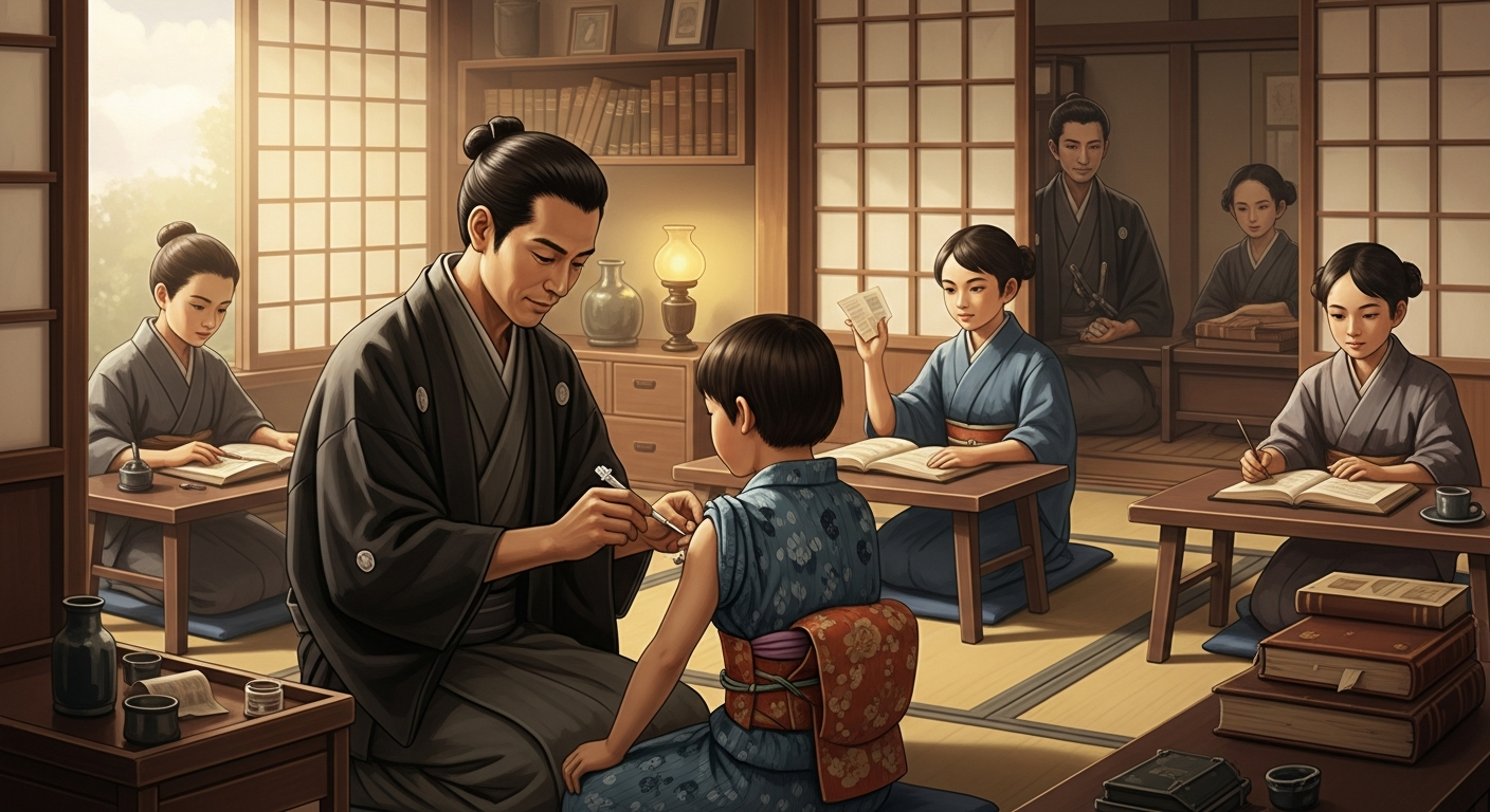 江戸時代の蘭方医が子どもに種痘を施す様子と蘭書を学ぶ塾生（緒方洪庵と適塾のイメージ）